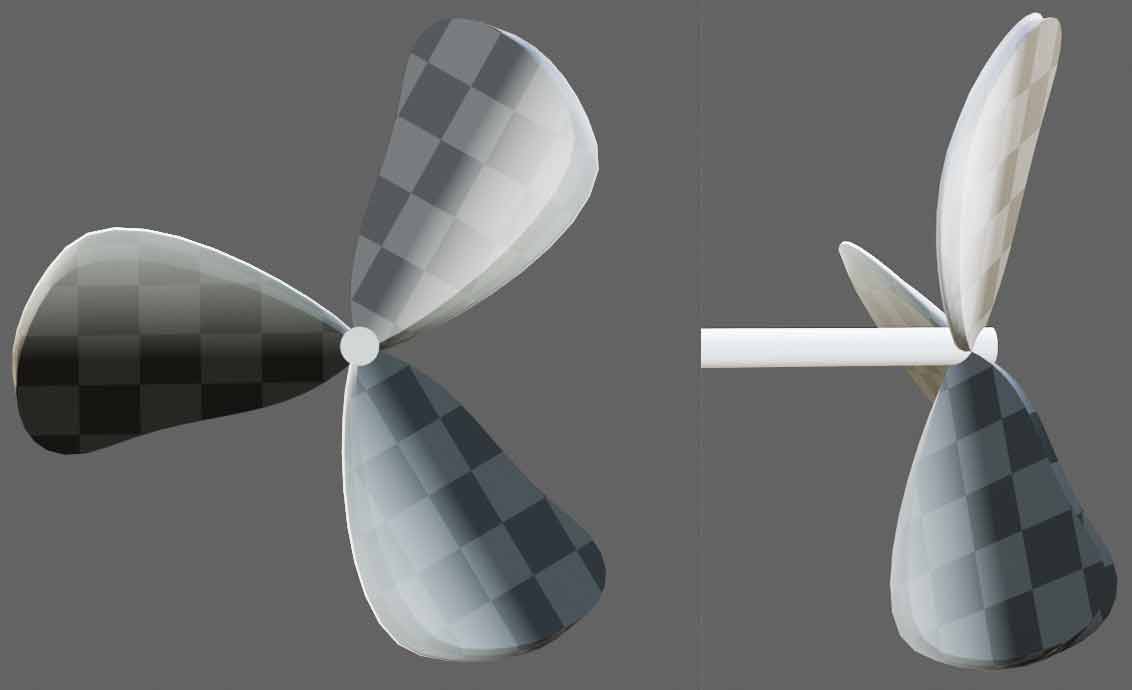 3D fan front view (left) and side view (right). In the side view, the left side is colored lighter and the right side darker