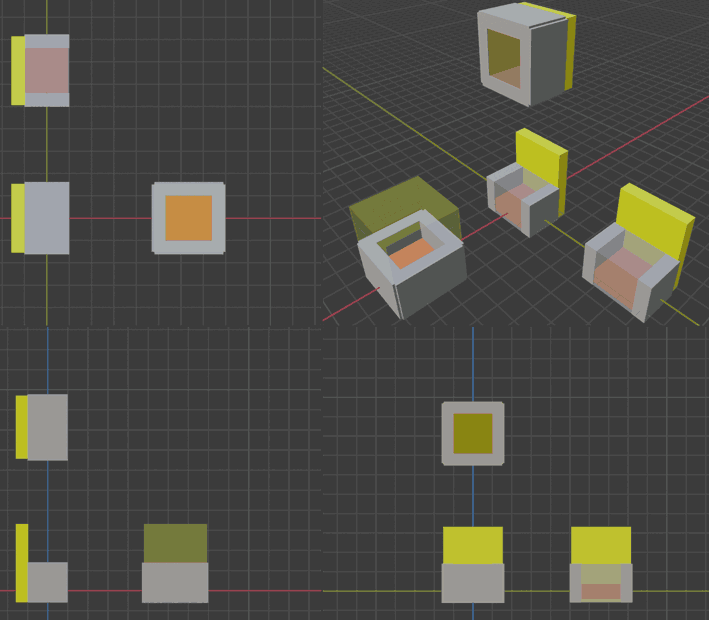 Cubic 4D seat four/six-view drawings: gray for armrests, yellow for backrest, orange for seat cushion; some areas drawn semi-transparently to see internal structure