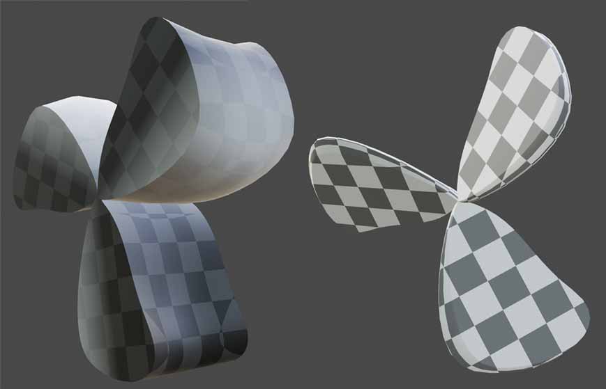 4D fan airflow front view (left) and extrusion direction front view (right). Each view uses color brightness to show the compressed direction