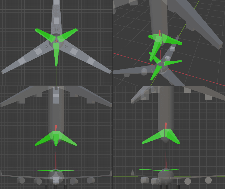 Horizontal stabilizer (green) and vertical stabilizer (red) directly analogizing 3D schemes, showing only top and front views