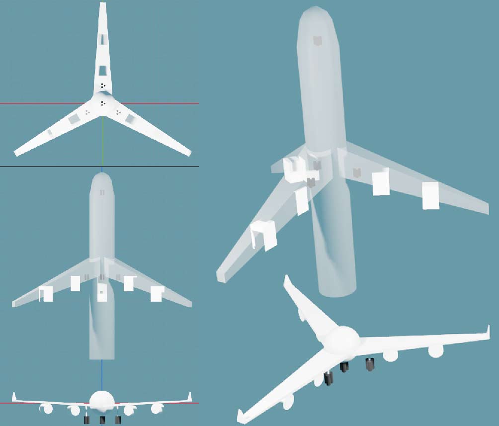 Landing gear positions in 4D aircraft top and front views (right shows two 3D views, left shows 2D orthogonal projections of 3D views)