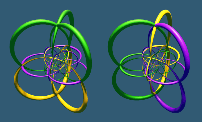 Three 16-cells, left and right show two different coloring schemes