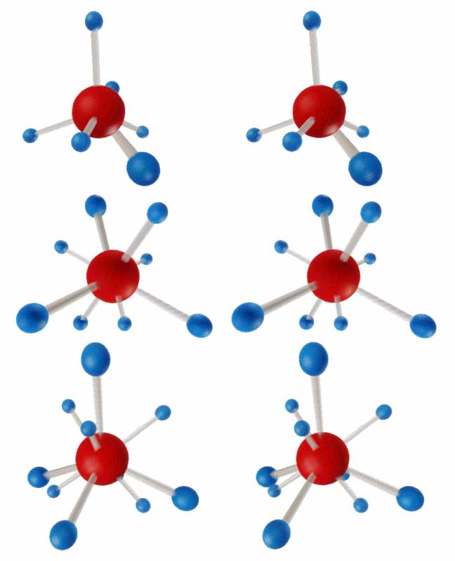 From top to bottom: 6, 8, 10 electron pair four-dimensional molecular shapes. Left and right are parallel-eye naked-eye 3D display of the same model (press Alt + X in Tesserxel to switch)
