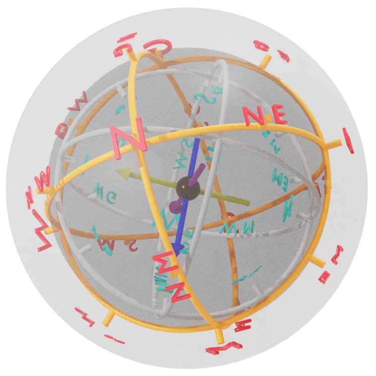 A type of 3D navigation compass magnetized in both semi-parallel and semi-perpendicular directions (with East-West South-North Yin-Yang letters marked as EW SN GM respectively)