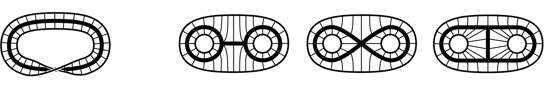 A Möbius strip is homotopy equivalent to a circle $S^1$; a two-dimensional region with two holes is homotopy equivalent to the shape of the number "8". Note the three deformation retracts on the right are homotopic but not homeomorphic (image from Allen Hatcher's Algebraic Topology textbook p.2)