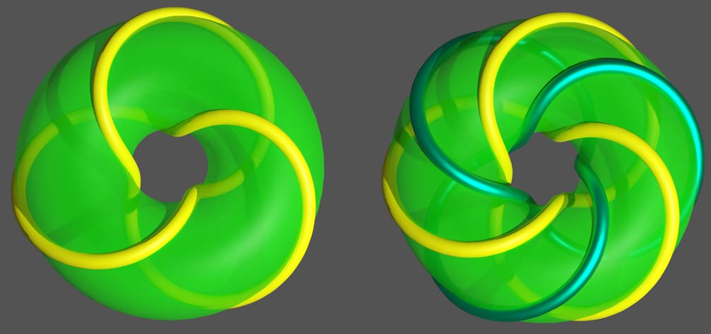 2,3-torus knot (left)   The torus with yellow knot removed can deformation retract to the dark green knot (right)