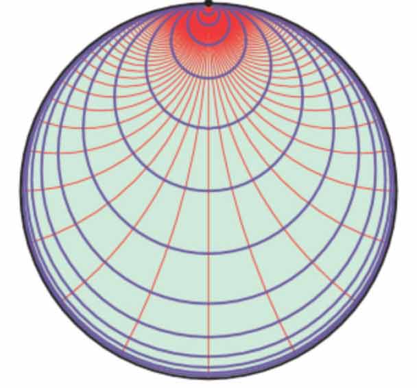 A set of concentric horocycles (blue) and their radial directions (red) in the Poincaré disk model