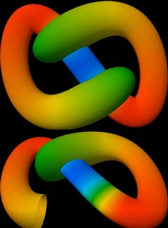 A sphere knotting itself, the second image shows only part of the sphere surface to observe internal colors