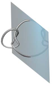 Knotted semicircle rotating around blue plane
