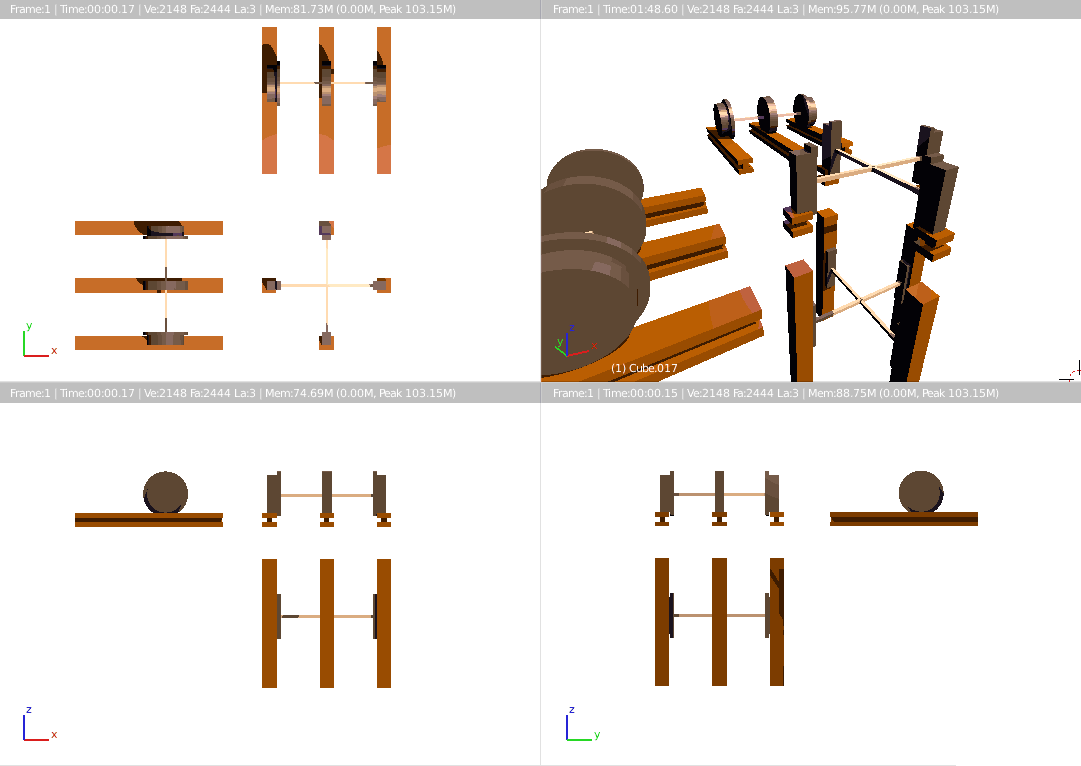 Top right shows the four-view of rails and wheels (made in Blender, the other three views are three-views of the "four-view")