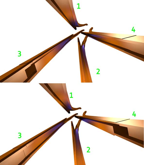 Can you tell which of the upper and lower images shows the straight-through state and which shows the turning state?