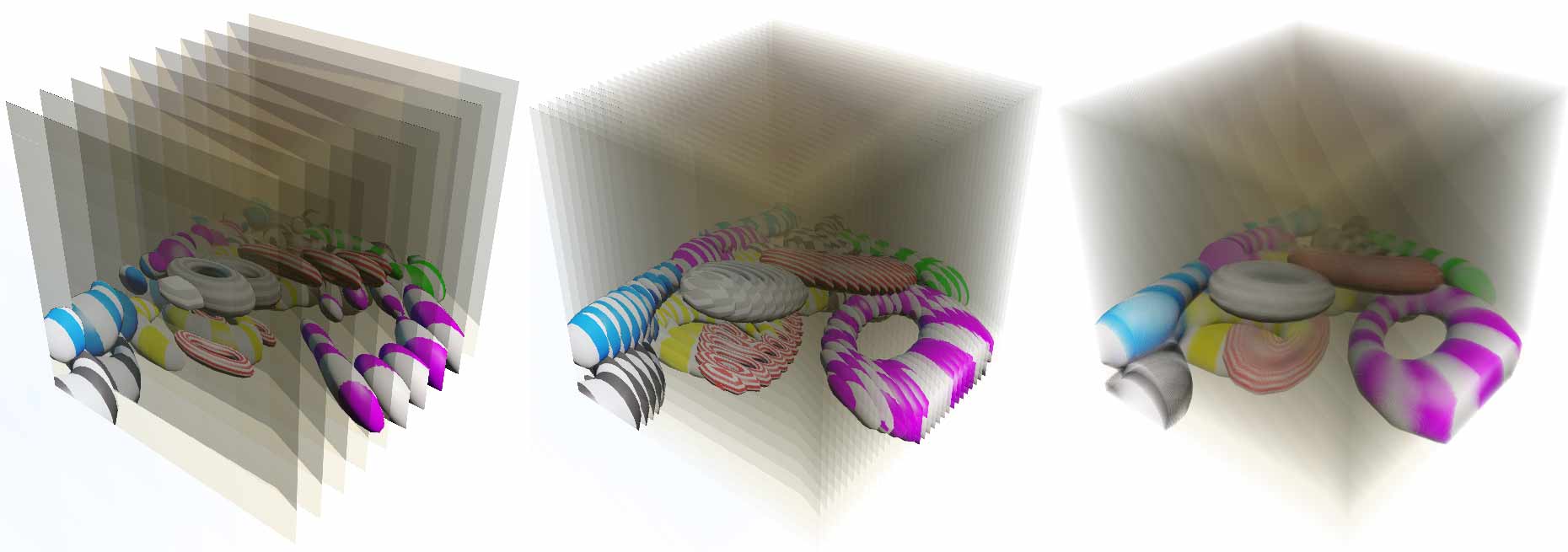 Voxel cloud rendering: cross-section layer count increases from left to right
