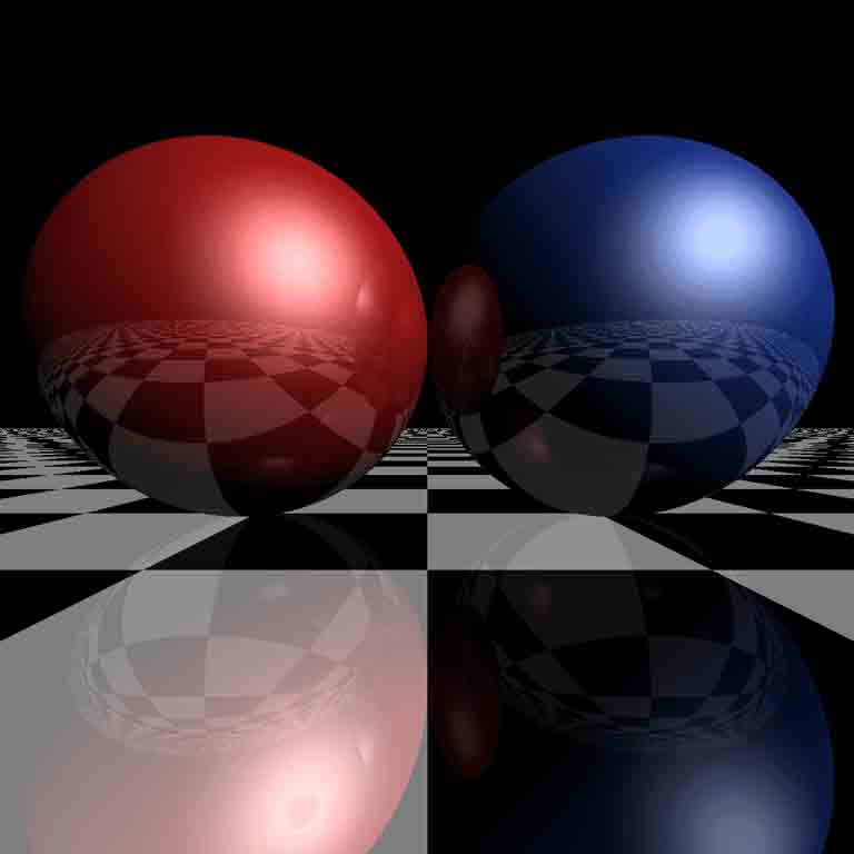 Ray tracing with only specular reflection produces no noise but lacks the realistic quality of multiple diffuse reflections; the image doesn't even calculate shadows